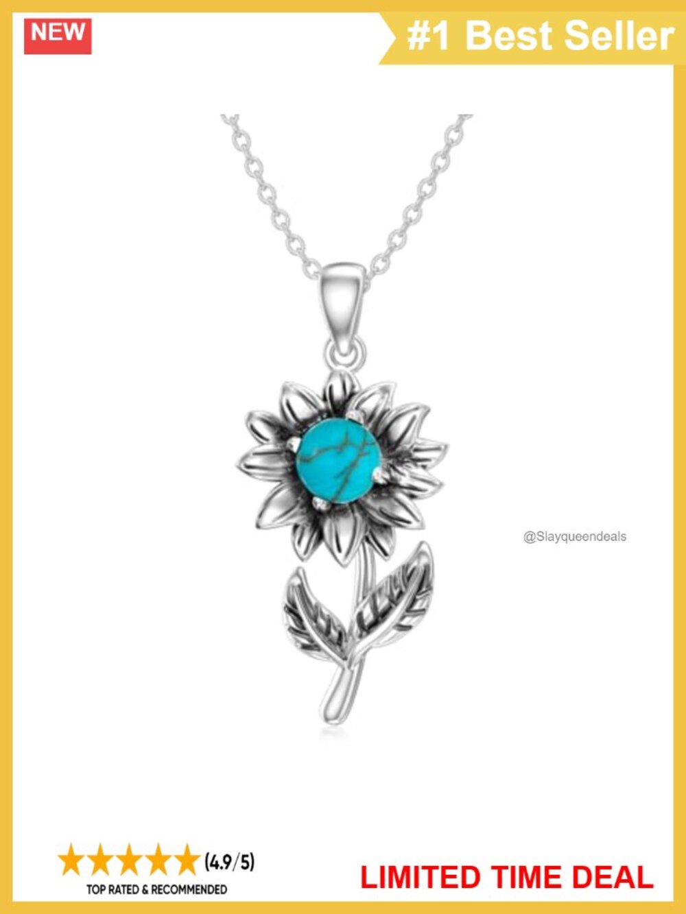 925 Sterling Silver Sunflower Pendant Necklace Genuine Turquoise Western